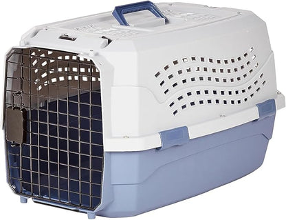 Basics Sturdy Portable 2-Door Top-Load Hard-Sided Pet Travel Carrier with Secure Ventilation, Handle, Front & Top Entry for Dogs, Cats, 22.8"L x 15"W x 13"H, Gray & Blue