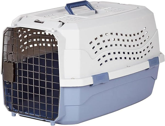 Basics Sturdy Portable 2-Door Top-Load Hard-Sided Pet Travel Carrier with Secure Ventilation, Handle, Front & Top Entry for Dogs, Cats, 22.8"L x 15"W x 13"H, Gray & Blue