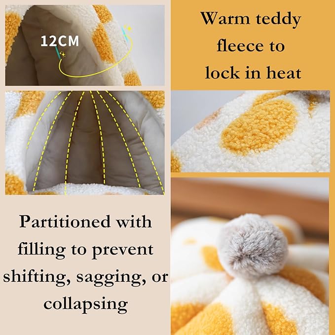 Cat Polka Dot Yurt Bed, Plush Warm Semi-Enclosed Cave Hideaway, Soft Comfy House for Indoor Kitten (Orange,Medium)