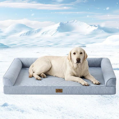 Cooling Dog Bed, Orthopedic Foam Dog Bed with Sides, Removable Cover & Waterproof Lining and Nonskid Bottom, Comfortable Pet Beds for Extra Large Dogs, Blue (48" L x 32" W x 7.5" Th)