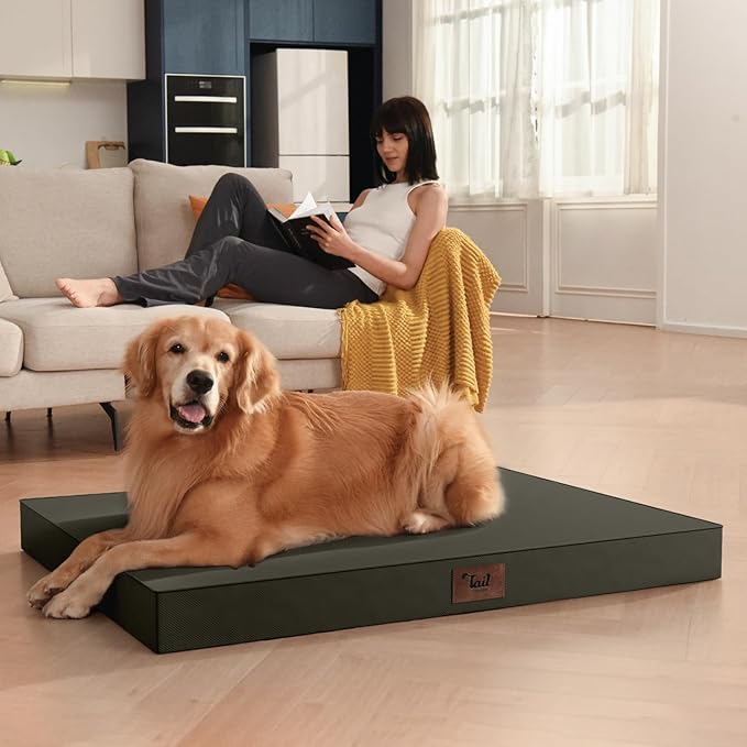 Outdoor Large Washable Dog Bed, Orthopedic Egg Crate Foam Dog Crate Mat for Large Dogs with Removable Oxford Cooling Cover, Brown