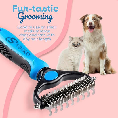 Sinko Deshedding Dog and Cat Brush, Dematting Comb with Extra Wide Double-Sided Stainless Teeth for Detangling, Deshedding, Brushing & Removing Shed Fur, Knots, Mats, and Tangles in Pets (Blue)