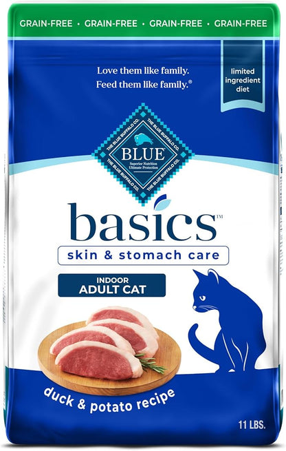 Blue Buffalo Basics Grain-Free Dry Cat Food, Skin & Stomach Care, Limited Ingredient Diet for Indoor Cats, Duck & Potato Recipe, 11-lb. Bag