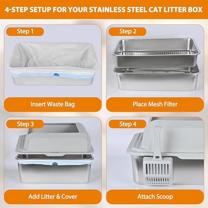 Homegroove Stainless Steel Sifting Litter Box for Pine Pellets, 23.6''Lx15.7''Wx12''H Cat Litter Box with Lid for Indoor Cats Metal Pellet Sifter Litter Pan with Plastic Scoop &10 Urine Pads (6 Inch)