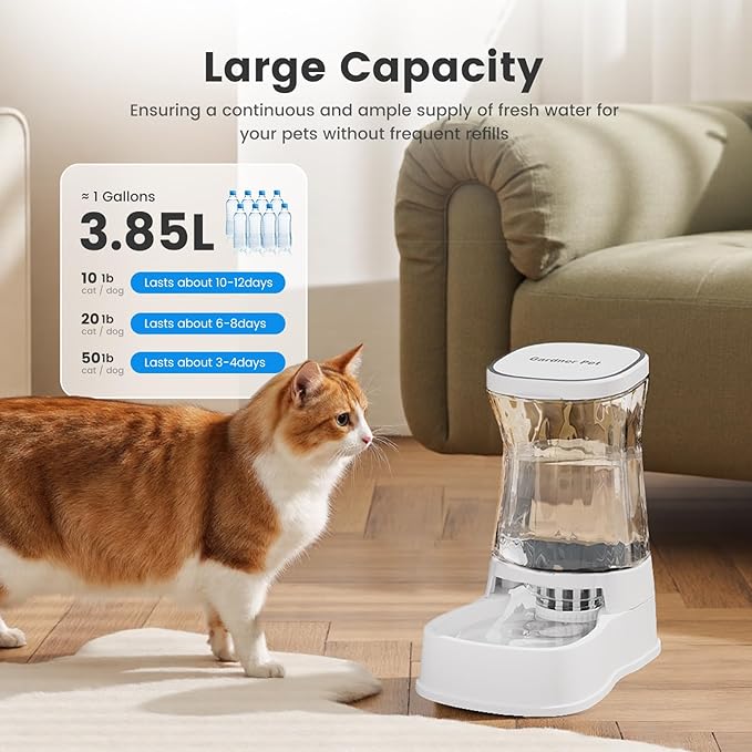 Gardner Pet Automatic Gravity Water Dispenser for Dogs, 1.0Gallon 100% BPA-Free Dog Water Bowl Dispenser, Pet Water Fountain Dispenser with Sponge Filter for Small&Medium Dogs, Cats, Puppies(White)