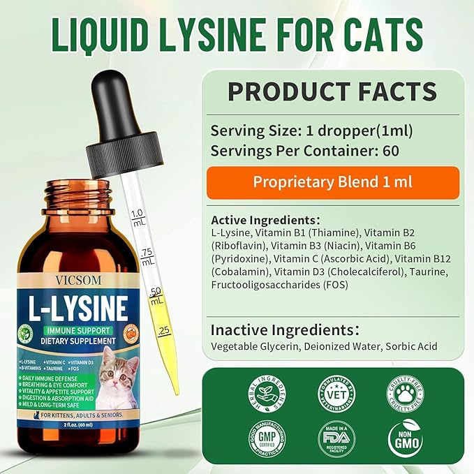 L-Lysine for Cats, Cat Lysine Supplement for Immune Support, Feline Respiratory, Sneezing, Runny Nose, Eye Function, Natural Strengthen Defenses, Chicken Flavor 60 ML