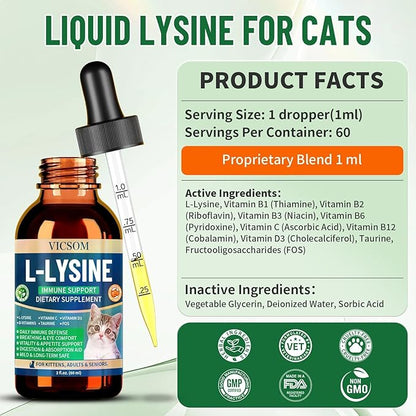 L-Lysine for Cats, Cat Lysine Supplement for Immune Support, Feline Respiratory, Sneezing, Runny Nose, Eye Function, Natural Strengthen Defenses, Chicken Flavor 60 ML