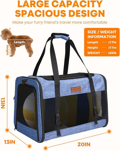 Large Cat Dog Carrier for Pet Up to 20 Lb - 20×13×13 in, Top & Side Entry, Foldable, Soft-Sided Pet Carrier with Ventilated Anti-Scratch Mesh & Car Seat Buckle for Car, Travel and Vet - Blue