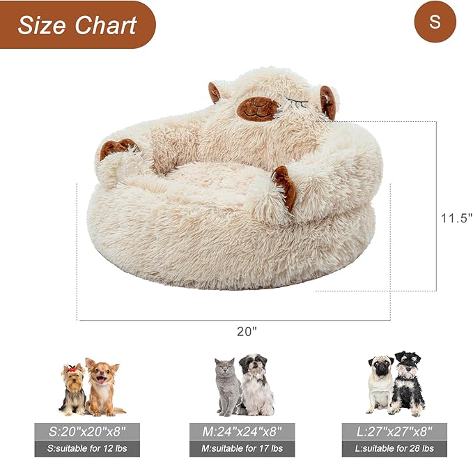 Jiupety Calming Dog and Cat Bed, Cozy Donut Cute Small Dog Beds, Anti Anxiety Round S(20" × 20" × 8") Size for Pets up to 12 lbs, Camel