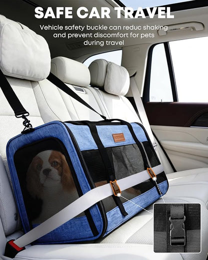 Large Cat Dog Carrier for Pet Up to 20 Lb - 20×13×13 in, Top & Side Entry, Foldable, Soft-Sided Pet Carrier with Ventilated Anti-Scratch Mesh & Car Seat Buckle for Car, Travel and Vet - Blue
