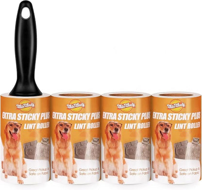 WulaWindy Extra Sticky Lint Rollers for Pet Hair, 240 Sheets, 4-Pack | Extra-sticky lint roller with 240 easy-tear sheets and reusable handle for pet hair, lint and dust on clothes and furniture.