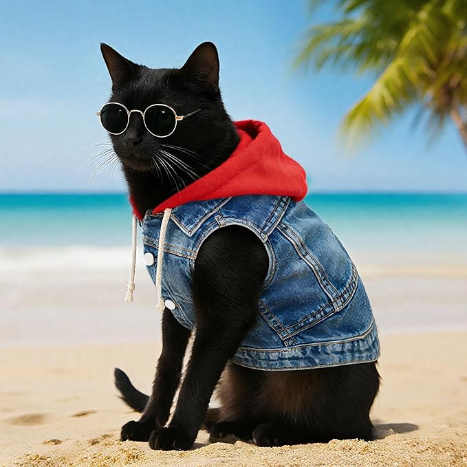 Cool Dog Jean Jacket Vest with D-Ring Blue Denim Dogs Hoodies Outfits for Small Medium Dogs Cats Boy Male Dog Clothes Costume Dogggie Puppy Harness Coat for Frenchie Walking(Red Hat,M)