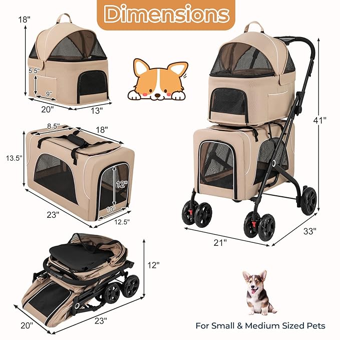 4-in-1 Double Pet Stroller with 2 Detachable Carriers, Foldable Dog Cat Travel Stroller for Small Medium Pets, Travel Cat Bag with Safety Belt & Lockable Wheels, Beige