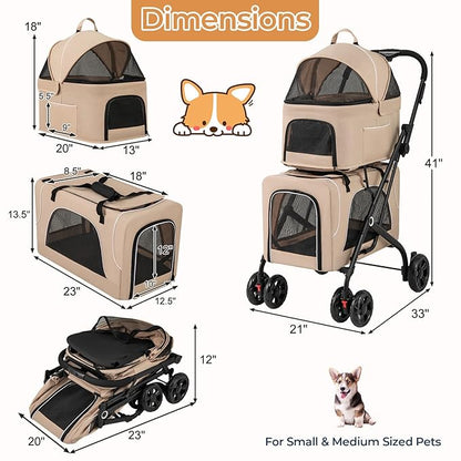 4-in-1 Double Pet Stroller with 2 Detachable Carriers, Foldable Dog Cat Travel Stroller for Small Medium Pets, Travel Cat Bag with Safety Belt & Lockable Wheels, Beige