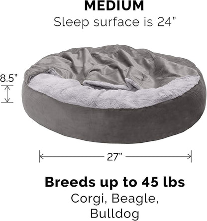 Furhaven 27" Round Calming Donut Dog Bed for Medium/Small Dogs, Washable, For Dogs Up to 45 lbs - Plush Velvet Waves Hooded Donut Bed - Dark Gray, Medium
