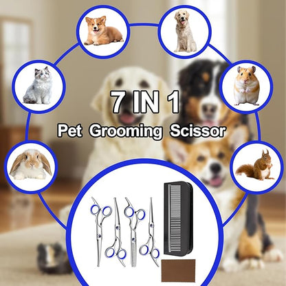 Dog Grooming Scissor, 7-in-1 Pet Grooming Scissor for Dogs, Professional Dog Grooming Kit with Safety Round Tips, Titanium Coated Cat Scissors Kit for Home Grooming (Blue)