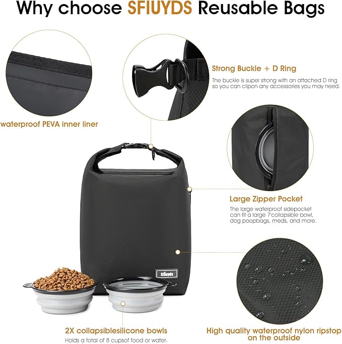 Pet Food Storage Bag Dog Food Travel Bag with 2PCS Collapsible Dog Travel Bowls Waterproof Kibble Storage Container for Road Trips Camping (Black, Small)
