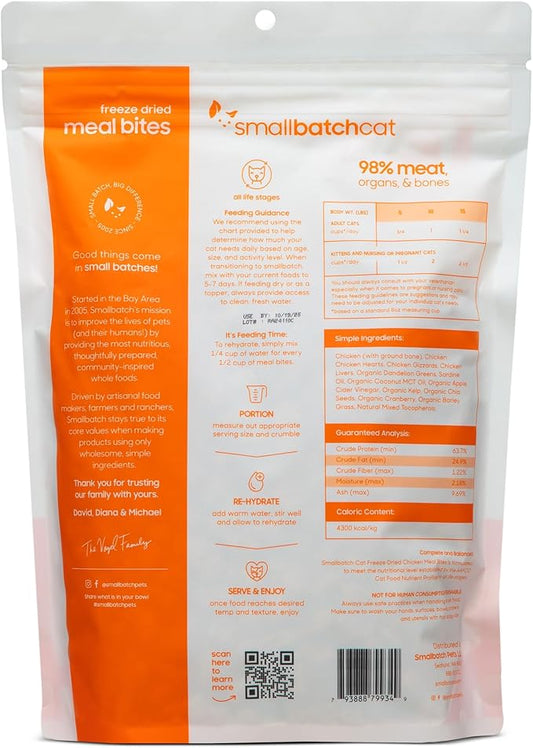 smallbatch Freeze-Dried Raw Cat Food, Shelf Stable Food Bites, Chicken Recipe, High Protein Meal or Topper for Cats, Humanely Raised Meat, Organic, Non-GMO Produce, Made in the USA, 10oz Bag