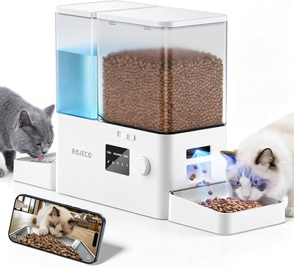 Automatic Cat Feeder with Camera, 1080P HD Video & Night Vision,5G WiFi App Control Timed Pet Feeded, 2-in-1 5L Dog Food Feeder & 3.5L Water Dispener with Removable Stainless Steel Bowl