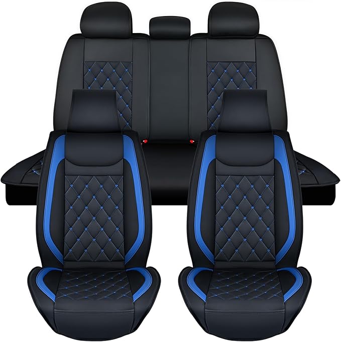 Nilight 5 Car Seat Covers Waterproof Faux Leather Cushions Anti-Slip Universal Fit for 5 Passenger Cars Kia Civic Corolla Hyundai Honda Camry CR-V RAV4 Fusion SUV Truck (Full Set, Black-Blue)