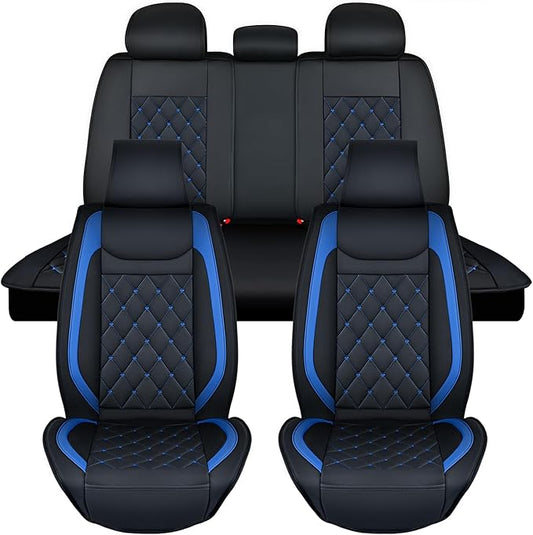 Nilight 5 Car Seat Covers Waterproof Faux Leather Cushions Anti-Slip Universal Fit for 5 Passenger Cars Kia Civic Corolla Hyundai Honda Camry CR-V RAV4 Fusion SUV Truck (Full Set, Black-Blue)