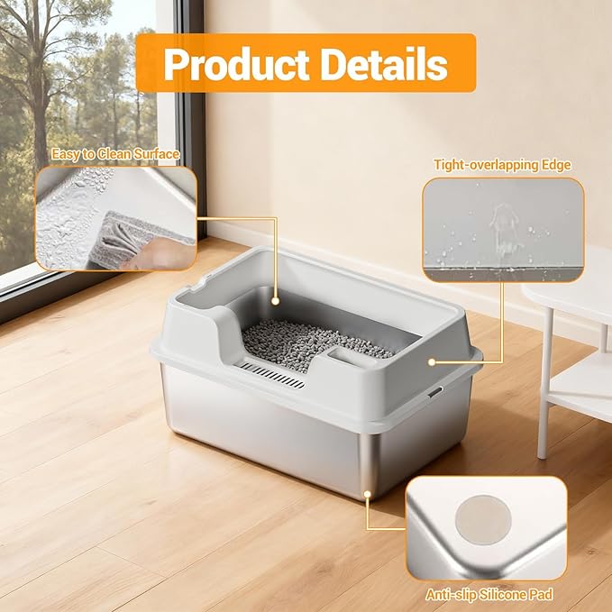 Enclosed Stainless Steel Cat Litter Box with Lid Extra Large Litter Box for Big Cats XL Metal Litter Pan Tray with High Wall Sides Enclosure, Non-Sticky, Anti-Leakage, Easy Cleaning
