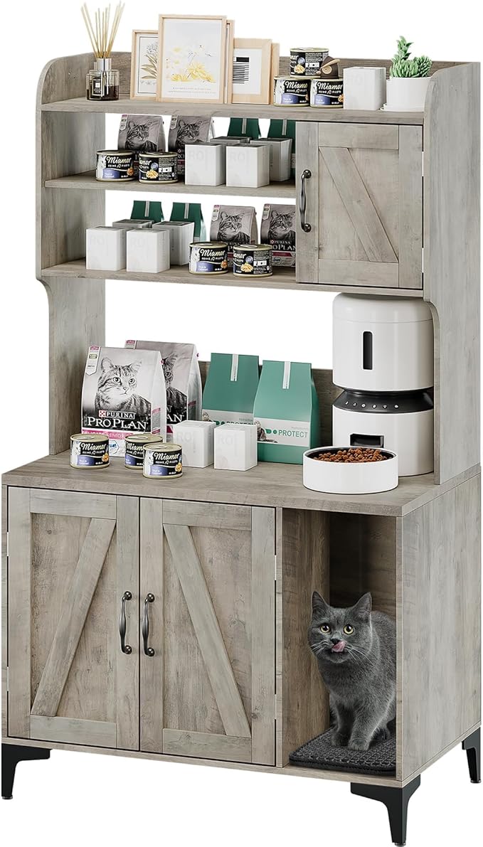 GarveeLife Cat Litter Box Enclosure with Shelves, Litter Box Cabinet, Hidden Cat Box Furniture with Scratching Mat, Wood Sturdy Cat Washroom Storage, Indoor Cat House,Grey