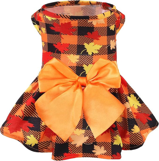 PUPTECK Plaid Dog Dress Pet Apparel for Autumn with Cute Bowtie Puppy Clothes Outfit, Maple Leaf, XS