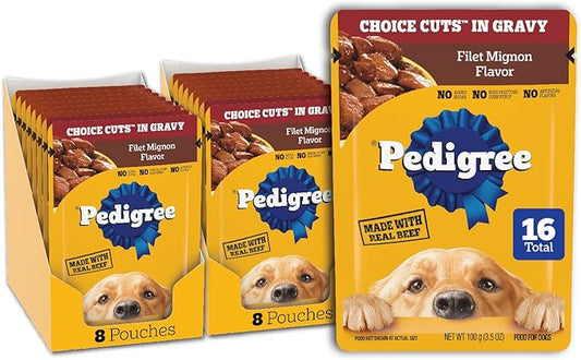 Pedigree Choice Cuts in Gravy Wet Dog Food, Adult Soft Wet Dog Food, Filet Mignon Flavor, 3.5 oz. Pouches, 16 Count