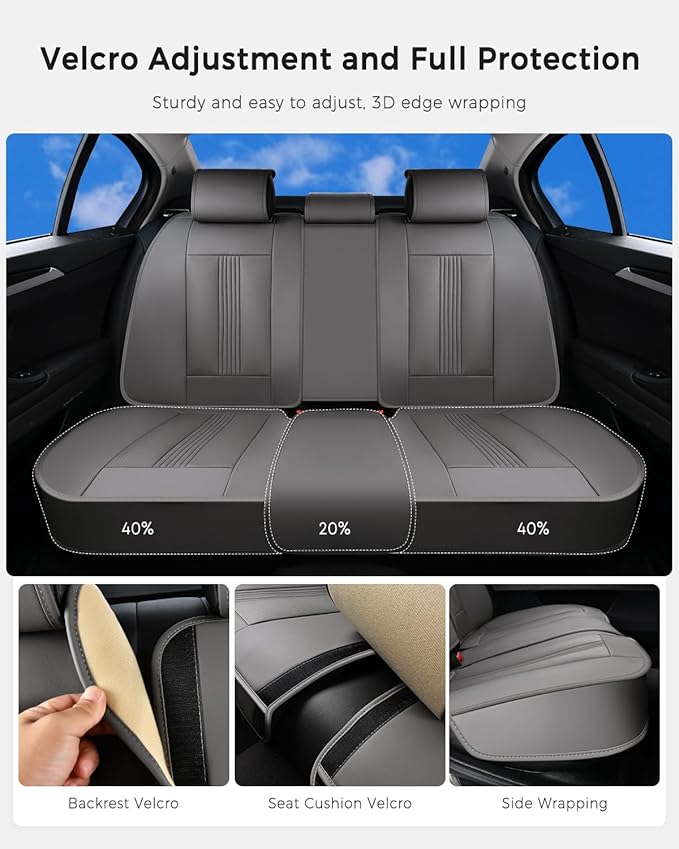 Huidasource Gray Back Seat Covers, Nappa Leather Rear Seat Covers with Ventilation Holes, Velcro Adjustable, Compatible with Armrests, Seat Belts, Child Safety Seats, for Most Cars SUV Trucks, Gray