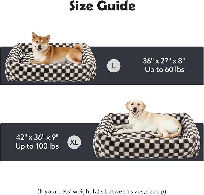 JOEJOY Dog Bed Medium Size Dog, Removable Washable Cover Orthopedic Soft Pet Bed, Anti-Slip Fluffy Plush Faux Rabbit Fur Puppy Bed, 30"x24"x8", Checkered, Brown