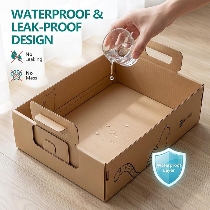 3-Pack Large Disposable Cat Litter Box, Recyclable Cardboard, Waterproof & Leak-Resistant, Portable for Travel, Temporary and Home Use