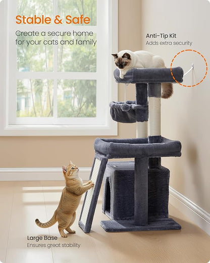 Feandrea Cat Tree, Cat Tower Condo with Scratching Posts and Ramp, 2 Large Perches, Cave, Basket, 33.8 Inches Tall, Dark Gray UPCT013GS02S