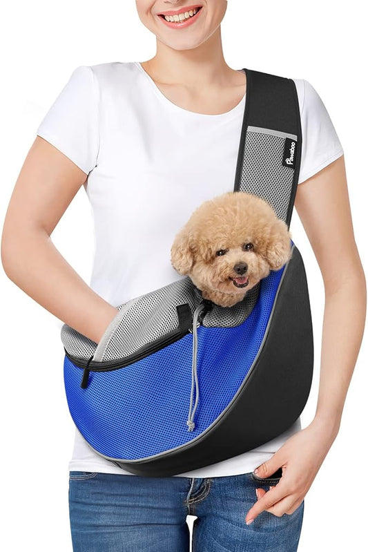 Pawaboo Pet Dog Sling Carrier, Hand Free Breathable Mesh Puppy Carrier, Dog Papoose with Zipper Touch Pocket and Adjustable Strap, Crossbody Satchel Dogs Purse for Outdoor, M, Blue