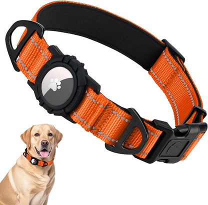 Taglory AirTag Dog Collar with Waterproof Holder for Large Dogs, Orange, L | Reflective for Night Walks & Low-Light Safety, Track Your Pup Peace of Mind, Adjustable Soft Padded, No More Dangling Tags
