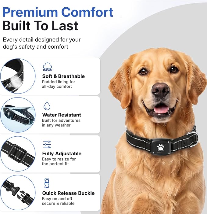 GPS Dog Collar Tracker 2-in-1,Reflective Waterproof Pet Collar,iOS-Only,No Monthly Fees,Unlimited Range,Dog Tracking Collar Pet Tracker,for Small Medium Large Dogs(XS (10.5"-13.5"), Black)