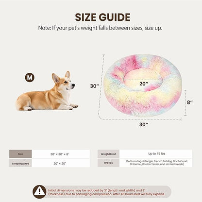 Donut Dog Bed Medium Size Dog, Round Cat Beds for Small Medium Dogs and Cats with Washable Fluffy Faux Fur, Cute Comfort Pet Bed with Anti-Slip Bottom, Rainbow, 30"