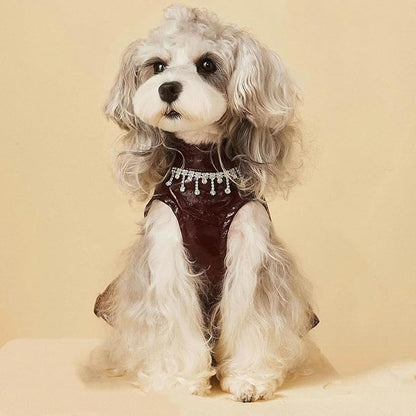 Luxury Dog Dress Girl Puppy Pu Leather Motorcycle Jacket Princess Tutu Skirt Apparel Designer Pet Birthday Wedding Costume with Necklace for Medium Dogs L