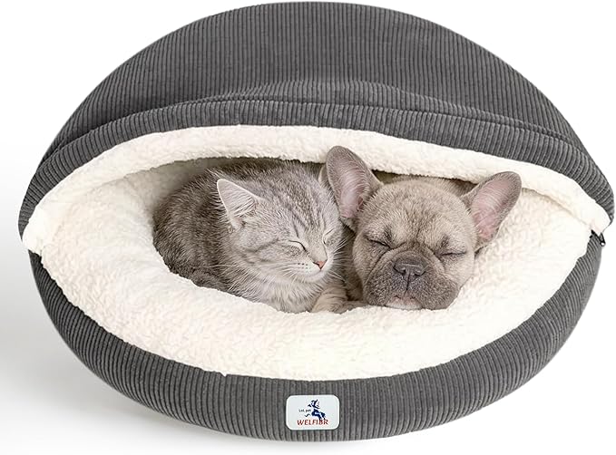 Cat Cave Bed for Indoor Cats, Hooded Cat Bed Covered Cat Bed Cave, Round Cat Cave Cute Kitty Bed, Washable Cat Bed for Cats & Small Dogs, Cat Beds with Cover Cozy Sleeping Nest, 23" Grey