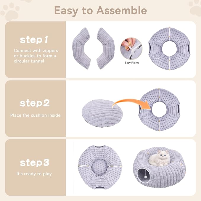 Dogpals Ultra-Soft Cat Tunnel Bed - Soft Washable Cushion, Peekaboo Hideaway Cave for Indoor Cats, Kittens, Puppies, and Rabbits - Deluxe Upgraded with Luxurious Striped Hare-Feel Fabric (Grey)
