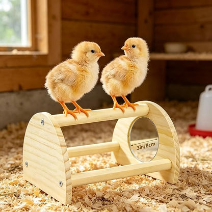 Pine Chicken Perch with Mirror, Strong Chick Jungle Gym Roosting Bar, Chicken Toys for Coop and Brooder, Training Perch Toys for Large Bird, Parrot, Macaw, Hens (Small)