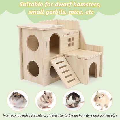 Wontee Dwarf Hamster Hideout Wooden House Maze Fun Slide Double-Decker Hut for Dwarf Hamsters Gerbils Mice or Similar Sized Pets