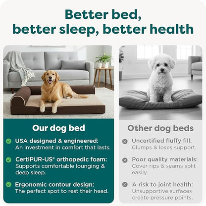 Furhaven Orthopedic Dog Bed for Medium/Small Dogs w/ Removable Bolsters & Washable Cover, For Dogs Up to 35 lbs - Two-Tone Plush Faux Fur & Suede L Shaped Chaise - Dark Sage, Medium