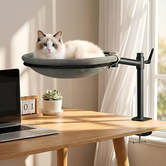 Cat Desk Bed - Sturdy Cat Bed for Desk with 360° Rotating & Adjustable Height, Elevated Cats Nest Perch for Desk, Grey