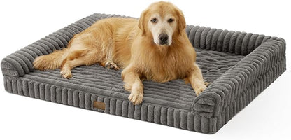 COZY KISS Extra Large Dog Bed, Faux Rabbit Fur Orthopedic Foam Dog Bed with Sides, Removable Washable Cover & Waterproof Lining, Comfortable Pet Couch, Grey (48" L x 35" W x 7.5" Th)