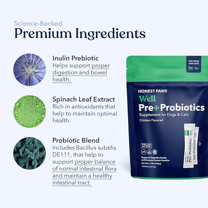 Honest Paws Probiotics for Dogs - Digestive & Immune Support Powder with Prebiotic Made in The USA, Chicken Flavor (30 Sticks)