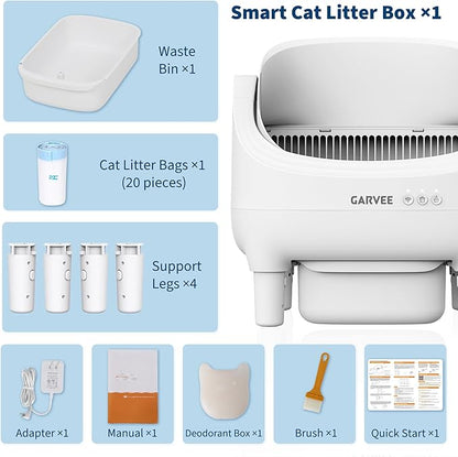 Self Cleaning Litter Box, Automatic Cat Litter Box with APP Control, Odor-Free Waste Disposal Includes Trash Bags, Large Waste Bin, Open-Top Automatic Litter Box for Multiple Cats, White