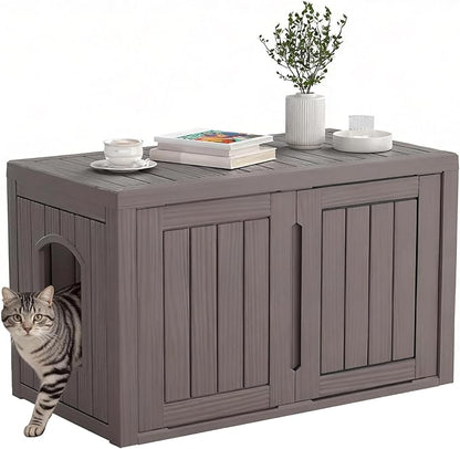 Cat Litter Box Enclosure, Hidden Enclosed Litter Box Furniture with Adjustable Partition, Multi-Functional Outdoor Cat House, Side Table, Easy to Clean, Dark Grey