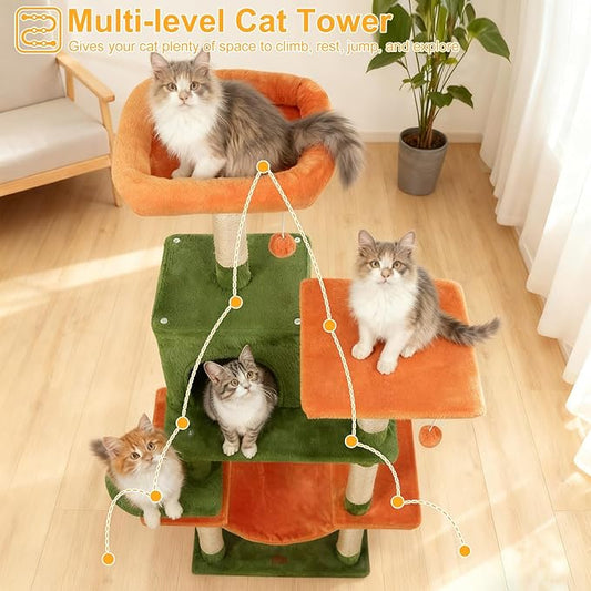DORTALA Cat Tree for Indoor Cats, 58" Tall Cat Tower with Top Perch, Condo, Hammock, Sisal Scratching Posts, 3 Dangling Balls, Platforms, Multi-level Pet Climbing Furniture Playground (Green & Orange)