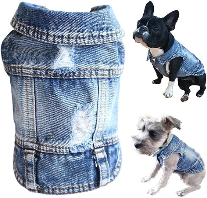 Jean Jacket, Puppy Blue Denim Lapel Vest Coat Costume, Dog T-Shirt Clothes, Cool and Funny Apparel Outfits, Machine Washable Pet Outfits for Small Medium Dogs Cats (XS)